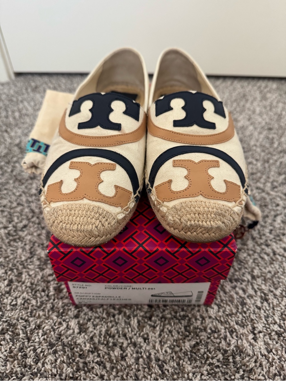 Tory Burch Cream Canvas Espadrilles with Tan and Black Logo